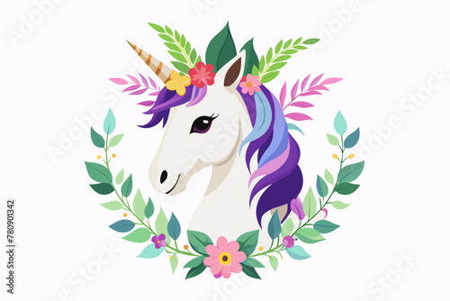 Cartoon Character White Unicorn Head in Floral Wreath, Isolated on White Background 