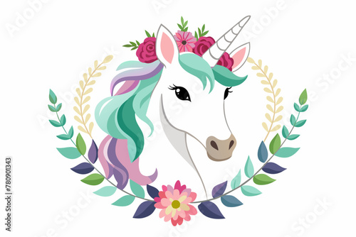 Cartoon Character White Unicorn Head in Floral Wreath, Isolated on White Background 