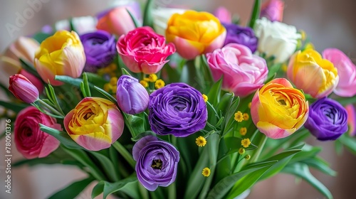   A glass vase holding a multicolor tulip bouquet, accompanied by greenery on its side