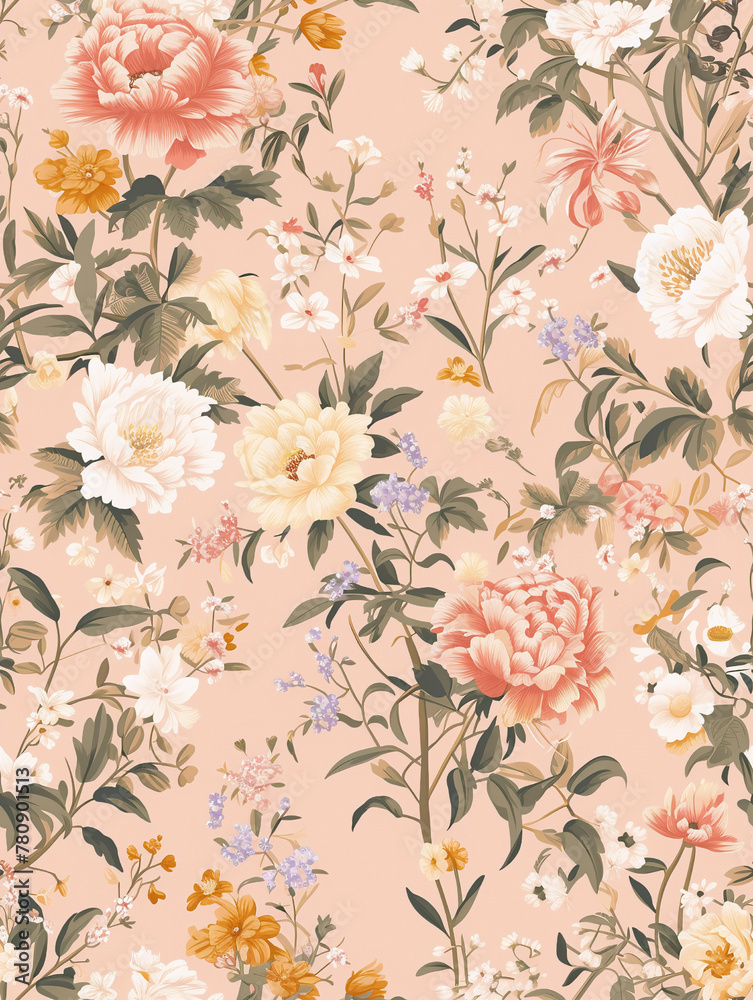 A seamless pattern of retro intricately detailed flowers for creative designs. Suitable for textile prints, home decor, banners, flyers, advertising materials, product packaging, website backgrounds.