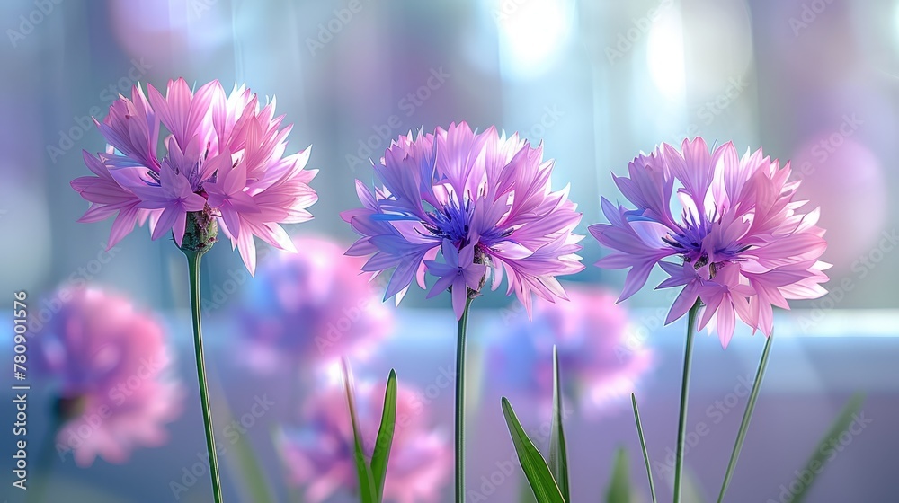 A pink flower arrangement in a blue vase, with flowers atop a green planter A pink flower arrangement in a blue vase, with flowers atop a green planter