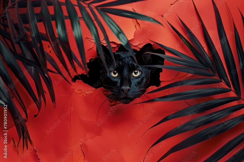 Obraz premium A curious black cat peeks through a torn red paper background surrounded by tropical palm leaves