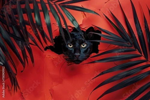 A curious black cat peeks through a torn red paper background surrounded by tropical palm leaves © Fxquadro