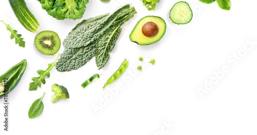 Animation of avocado, kiwi, green paprika, green peas, arugula, kefir leaves (ID: 780902172)