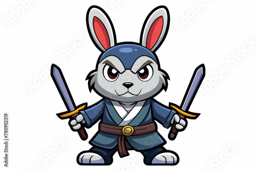 Cartoon illustration of a Rabbit dressed in a ninja outfit with katanas looking directly at the camera, suitable for a fun and original t-shirt design. plain white background  photo