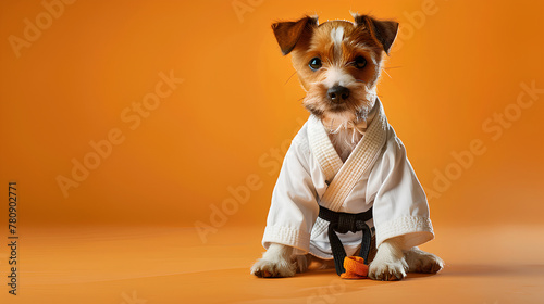 Adorable puppy ready for his training wearing a karate or taekwondo outfit