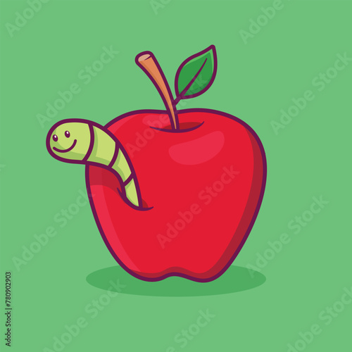 Red apple with worm cartoon vector illustration
