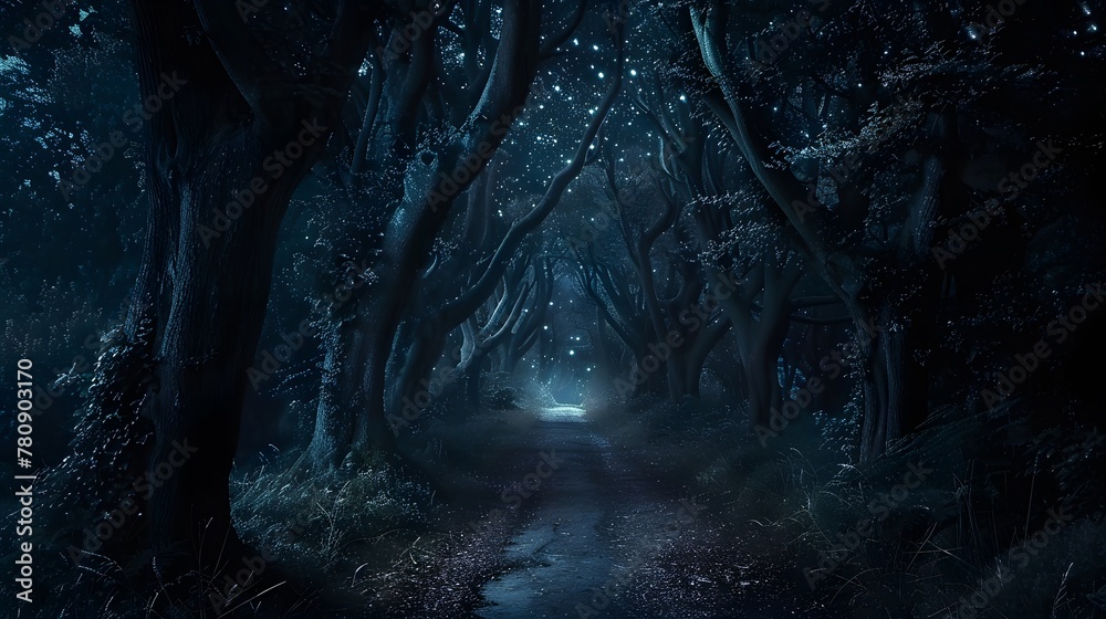 Fototapeta premium An ominous, dark forest path at night, lined with towering, whispering trees, leading deeper into the unknown, with only the stars for light