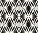 Vector monochrome seamless pattern with hexagons, halftone lines, gradient transition effect. Stylish black and white abstract geometric background with hexagonal grid texture. Modern repeat design