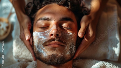Young man with cosmetological mask on face lays on the coach for beauty procedures, closed eyes. Concept of health, relax, self care and me time. Generative ai