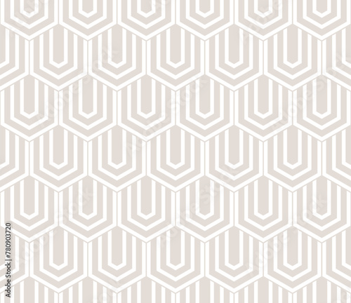 Vector subtle geometric seamless pattern with hexagons, lines. Elegant beige and white abstract minimal background with hexagonal grid. Simple delicate texture. Repeated geo design for decor, print