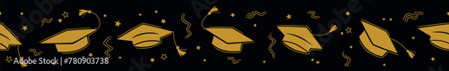 Graduation seamless border with the square academic cap high into the air on black background. Graduate hats in the air gold confetti. Flat vector illustration pattern. Grad party horizontal poster photo
