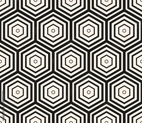 Vector monochrome seamless pattern with hexagons, halftone lines, gradient transition effect. Stylish black and white abstract geometric background with hexagonal grid texture. Modern repeat design