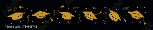 Graduation border with the square academic cap high into the air on white background. Graduate hats in the air gold confetti. Flat vector illustration on the black. Grad party horizontal poster