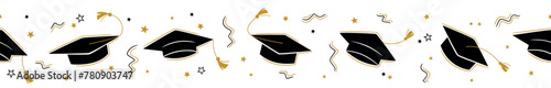 Graduation seamless border with the square academic cap high into the air on white background. Graduate hats in the air gold confetti. Flat vector illustration pattern. Grad party horizontal poster