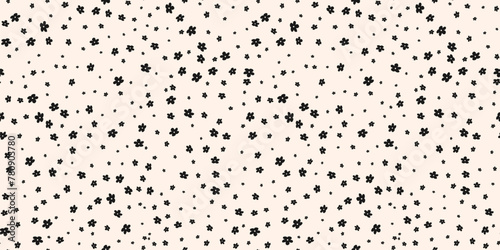 Ditsy pattern. Simple vector black and white seamless ornament with small flowers. Elegant abstract floral background. Minimal monochrome texture. Repeated design for decor, textile, wallpaper, print