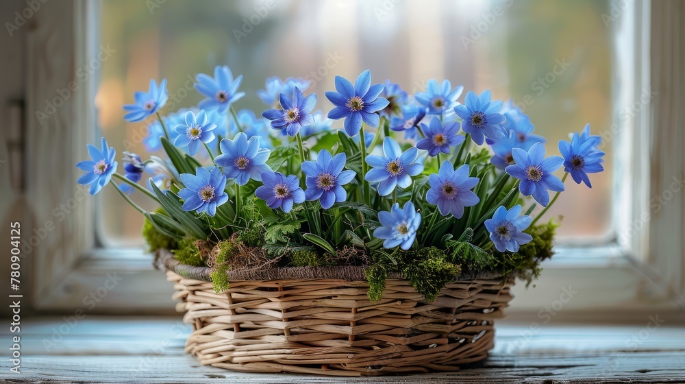   A window sill adorned with a basket of blue flowers
