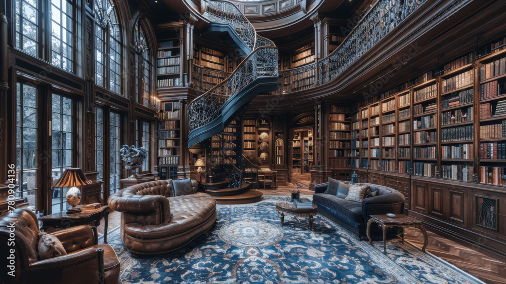 Inside a Multi-Story Library of Antique Collections - obrazy, fototapety, plakaty 