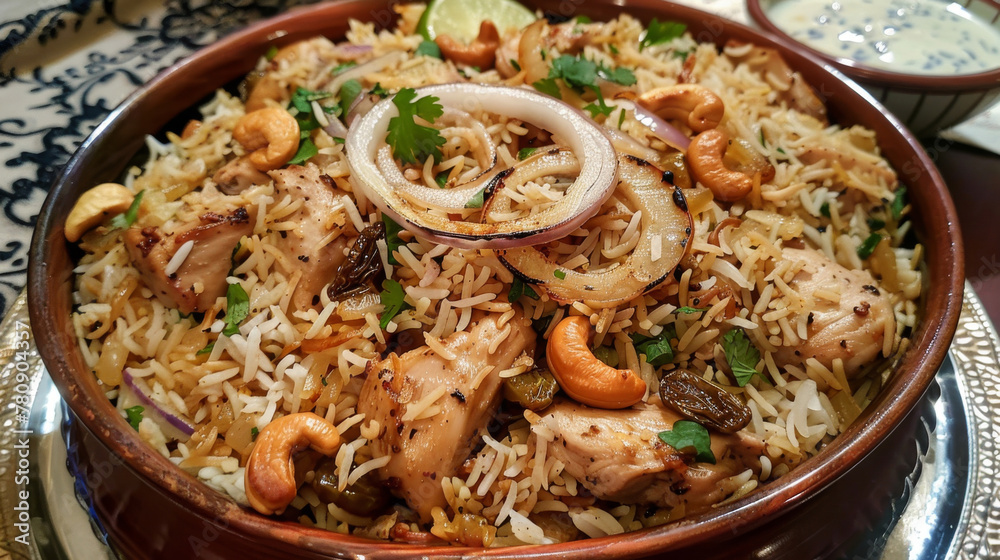 Traditional pakistani biryani in earthenware bowl
