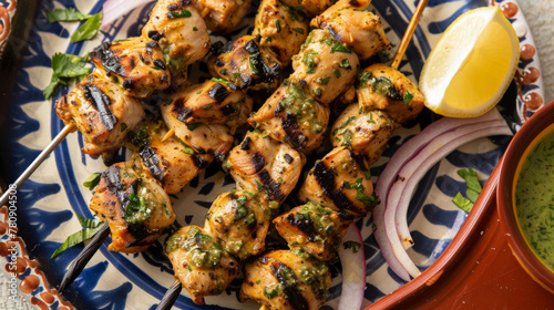 Traditional pakistani chicken skewers with herbs photo
