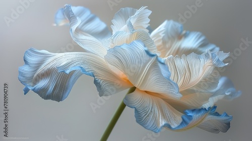   A blue and white flower in focus, petals dotted with water drops Background softly blurred