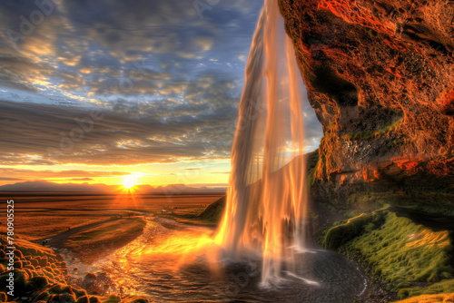 Seljalandfoss waterfall at sunset in Iceland with sunset