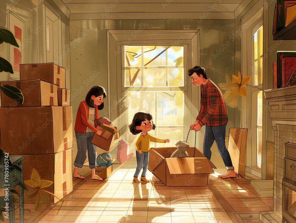 A family moving into their new home, with parents unloading boxes and ...