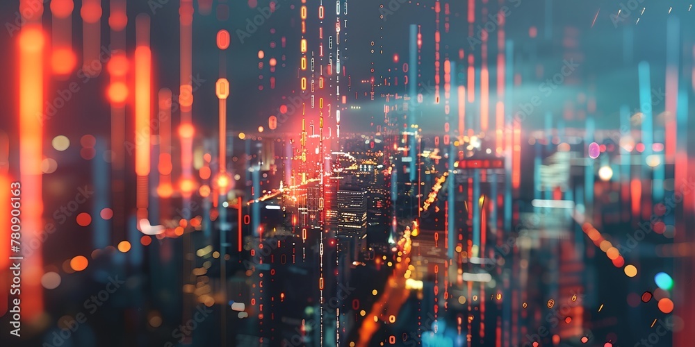 Fototapeta premium Double exposure image featuring a forex chart overlaid on a city view, blending financial data with urban landscapes