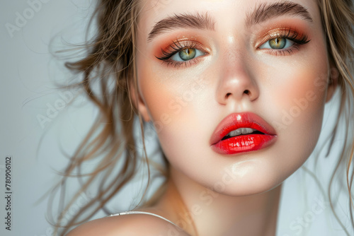 Beauty young woman with eye makeup, vibrant lip color and glowy skin. Generative AI