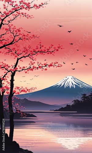 Painting of japanese Mount Fuji at sunset. For meditation apps, on covers of books about spiritual growth, in designs for yoga studios, spa salons, illustration for articles on inner peace, banner.
