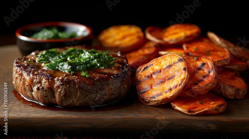  A steak, sweet potato wedges in a small side dish, and a bowl of sauce on a wooden cutting board
