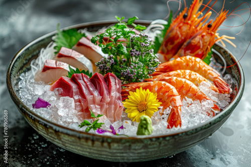 Sashimi platter with shrimp. Fresh sashimi set on ice. Generative AI