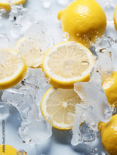 Fresh juicy wet lemons and ice tubes, vibrant lemon slices floating amidst crystal clear ice cubes. Citrus fruits with drops of water. Flat lay, top view	
