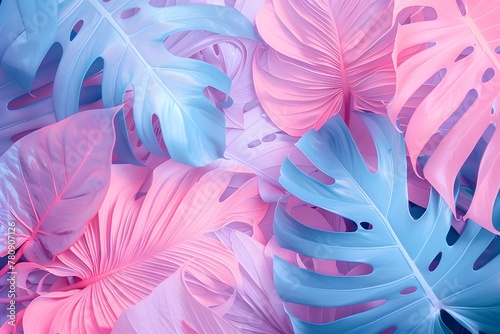 Pastel colored tropical leaves background, exotic summer vibes.