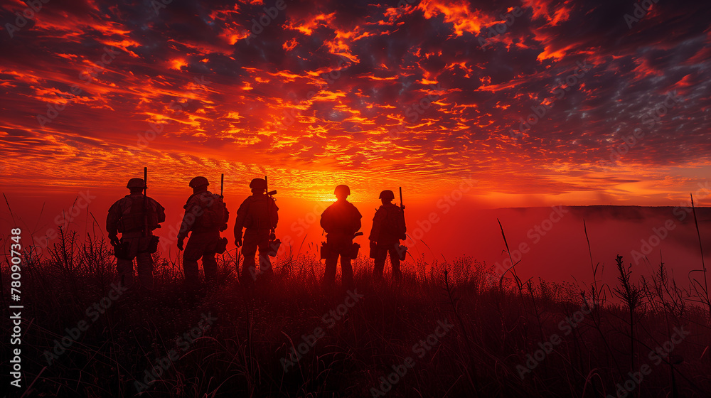 The silhouette of the US soldiers on sunset With USA flag copy space, Ai generated