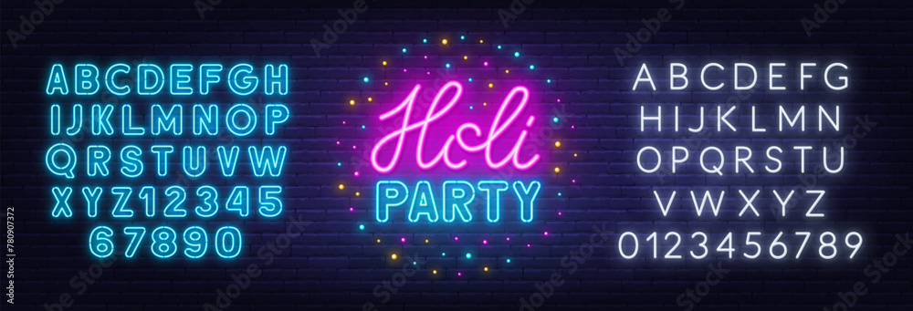 Holi Party Neon Sign on brick wall background. - obrazy, fototapety, plakaty 