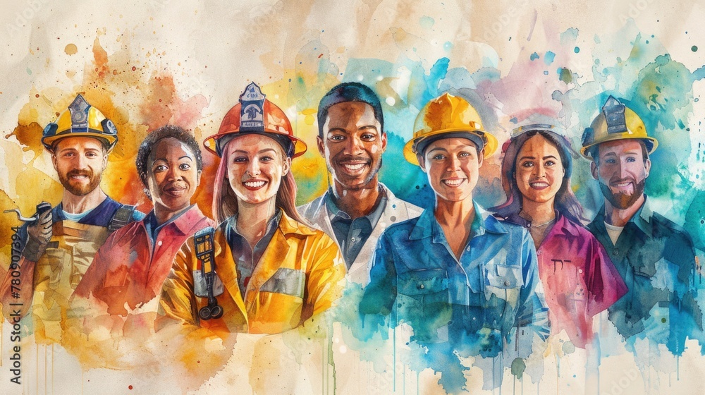 Labor Day. Watercolor illustration of a diverse group of workers from various professions.