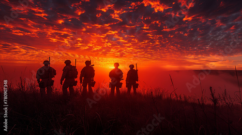 The silhouette of the US soldiers on sunset With USA flag copy space, Ai generated