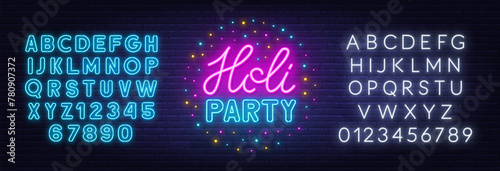 Holi Party Neon Sign on brick wall background.