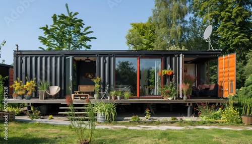 Modern container house, Modern shipping container house, modern industry exterior style house made from converted shipping container, Modern shipping container house home, tiny house in sunny day. Shi © Koplexs-Stock