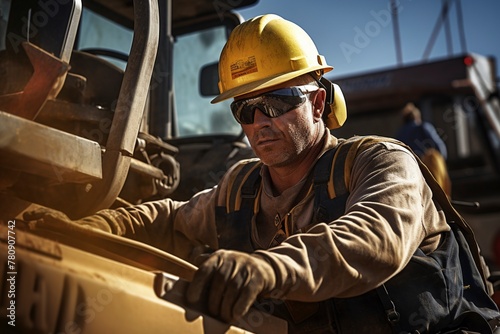 Portrait of a road worker in a hard hat and goggles sitting near heavy equipment