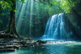 Sunlight beams and rays shine through leaves of trees in tropical rainforest with beautiful waterfall falling in clear pond and old big tree on foreground