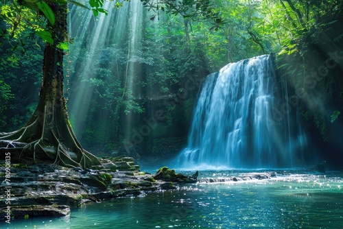 Sunlight beams and rays shine through leaves of trees in tropical rainforest with beautiful waterfall falling in clear pond and old big tree on foreground © Sarinrata