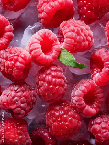 Fresh wet ripe raspberry and ice cubes background. Juice fruit. Flat lay, top view. Berries organic concept. Colorful fruit pattern.