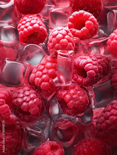 Fresh wet ripe raspberry and ice cubes background. Juice fruit. Flat lay, top view. Berries organic concept. Colorful fruit pattern.