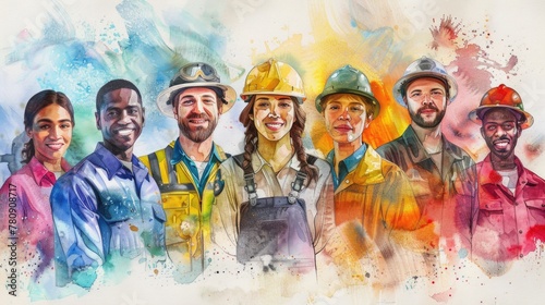Labor Day. Watercolor illustration of a diverse group of workers from various professions.