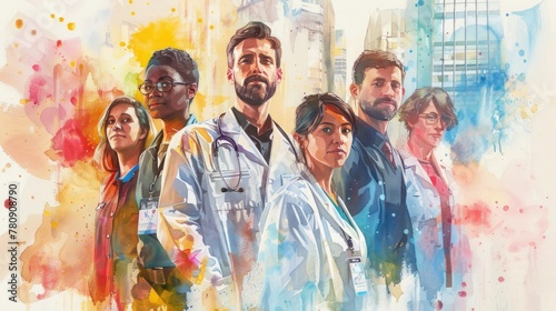Labor Day. Watercolor illustration of a diverse group of workers from various professions.