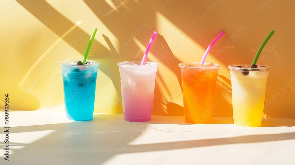Various Bubble Tea in a plastic cups, light orange-yellow background, sun shadows, copy space. colorful drink. Boba tea in bright background