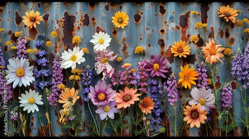   A rusted metal wall, painted orange, yellow, purple, and white, bears flowers in front