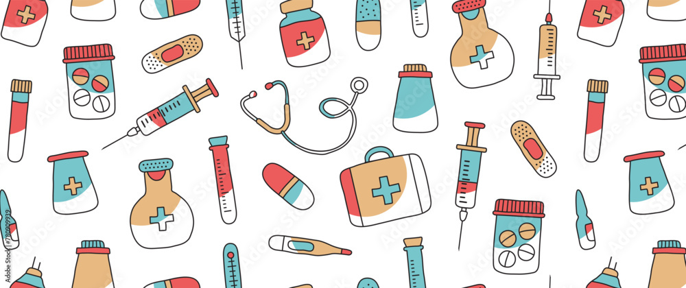 Medical doodle seamless pattern, medicine print. Modern hand drawn first aid kit, syringe, stethoscope, vial, pills, vaccine on white background. Healthcare color textile. Vector illustration